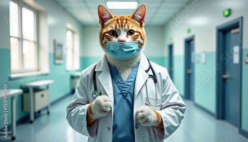 Realistic cat doctor in lab coat and surgical mask in clinic