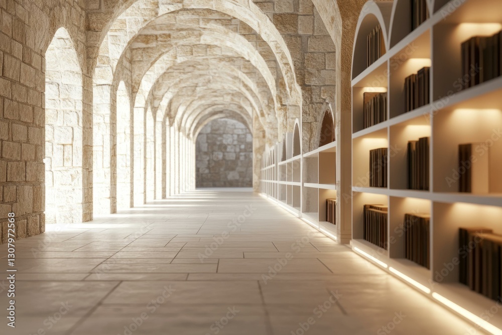 Fototapeta premium Architectural elegance in sunlit stone corridor with dramatic arches and minimalist bookshelves for serene ambiance