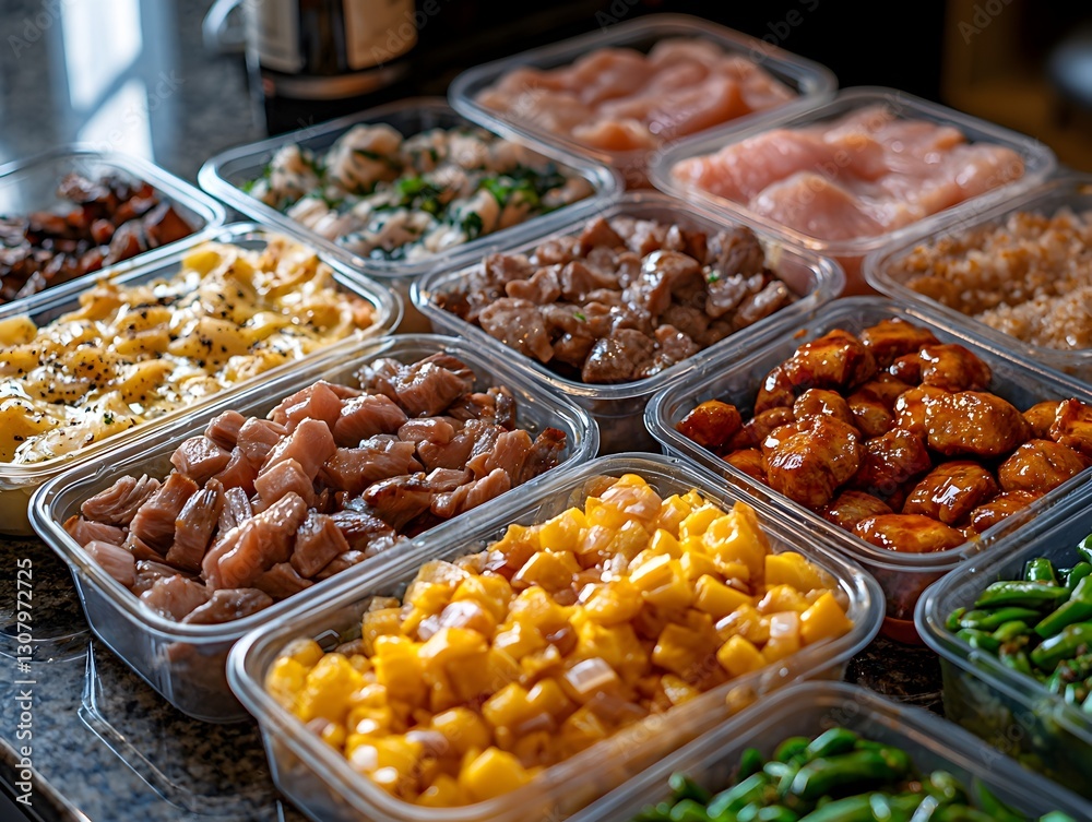 Obraz premium A colorful variety of meal prep foods organized in plastic containers for healthy eating and convenient storage