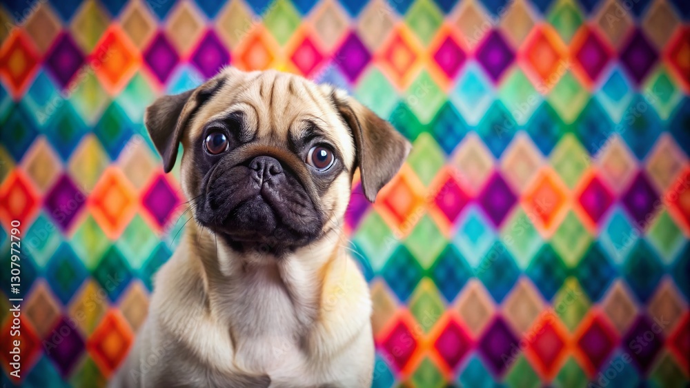 Obraz premium Adorable Pug Puppy Posing on Argyle Fabric - Pet Photography Stock Image