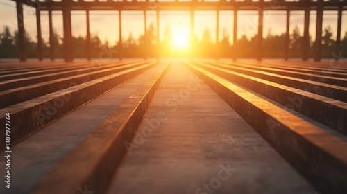 Sunrise casting warm light over a wooden floor, framed by structural pillars and trees in the background.