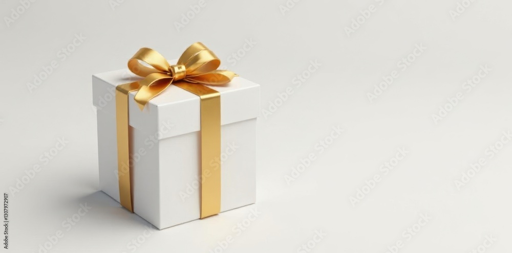 Obraz premium Elegant white gift box with golden ribbon bow, isolated , gift wrap, template