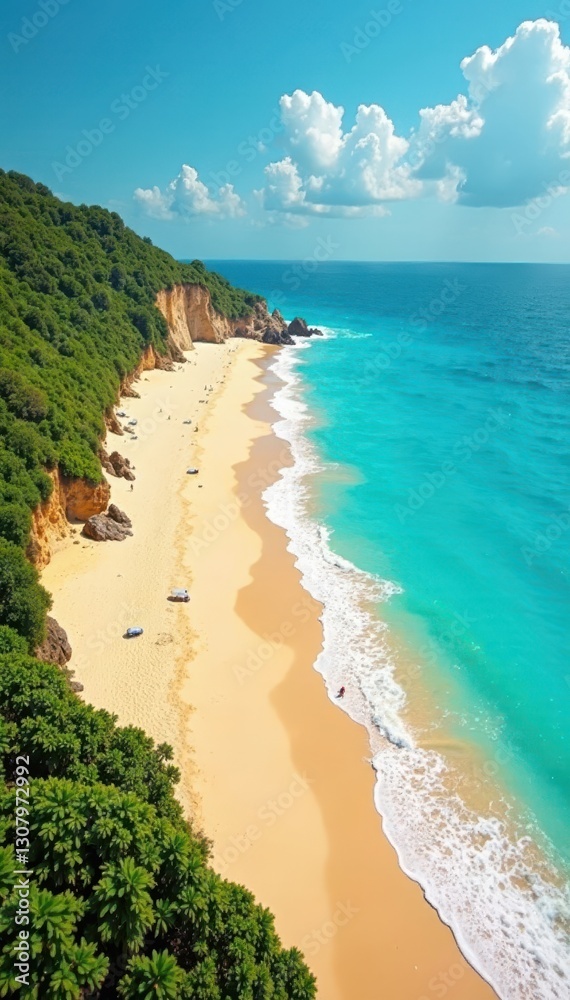 Endless sandy beach curving into distance, turquoise waters , calm, landscape