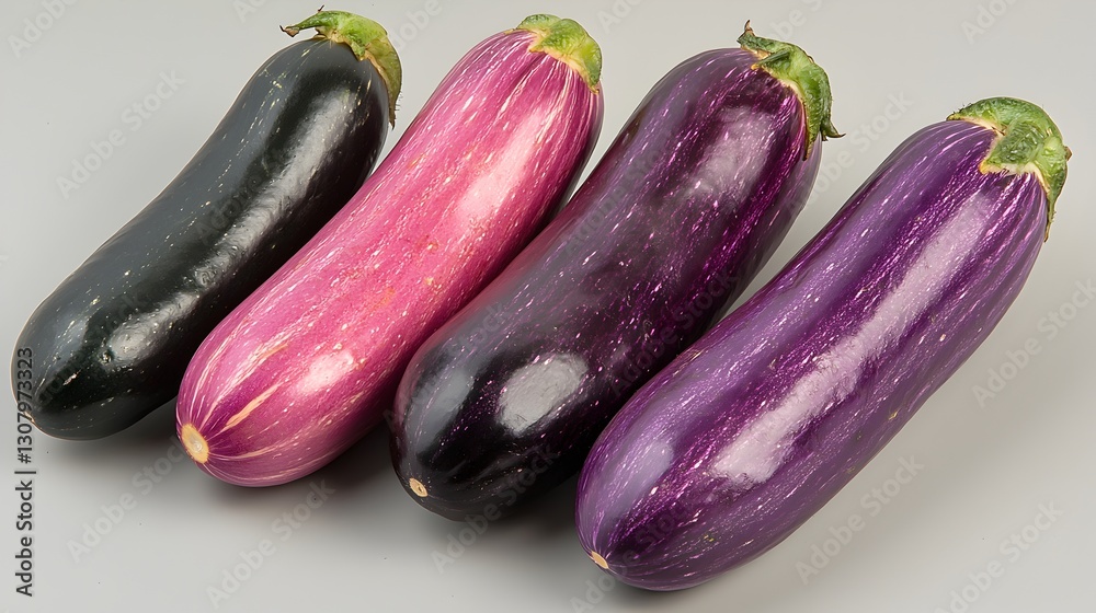 Beautifully arranged three eggplants showcasing their rich purple color and unique shapes in natural lighting Beautifully arranged three eggplants showcasing their rich purple color and unique shapes in natural lighting