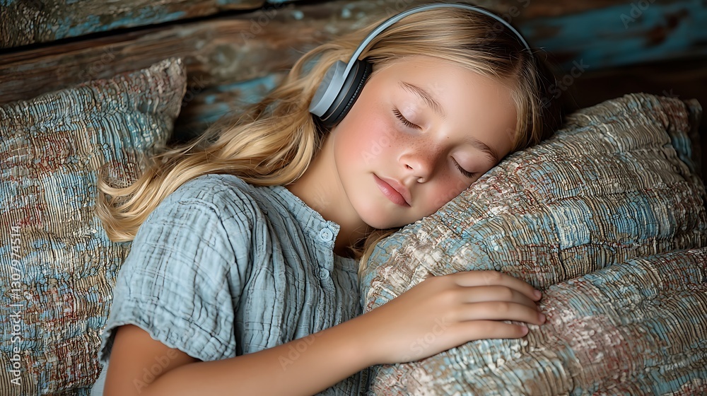 Fototapeta premium Girl sleeps peacefully, headphones on, rustic setting