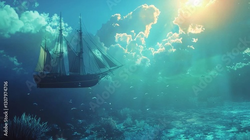 Mysterious sunken pirate ship underwater with glowing light