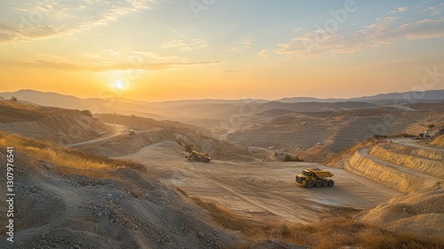 Golden Hour Quarry: Heavy Machinery at Sunset