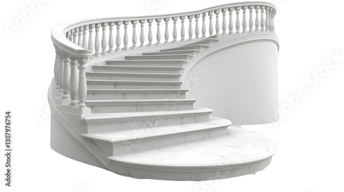 White Marble Staircase with Balustrade Isolated on White Background