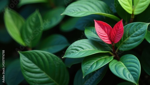 Coral minimal summer scene features lush Epipremnum Pinnatum leaves , artwork, green