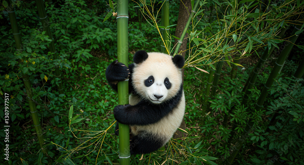 Fototapeta premium Giant Panda Climbing a Tree Amidst Bamboo and Green Foliage in Natural Habitat