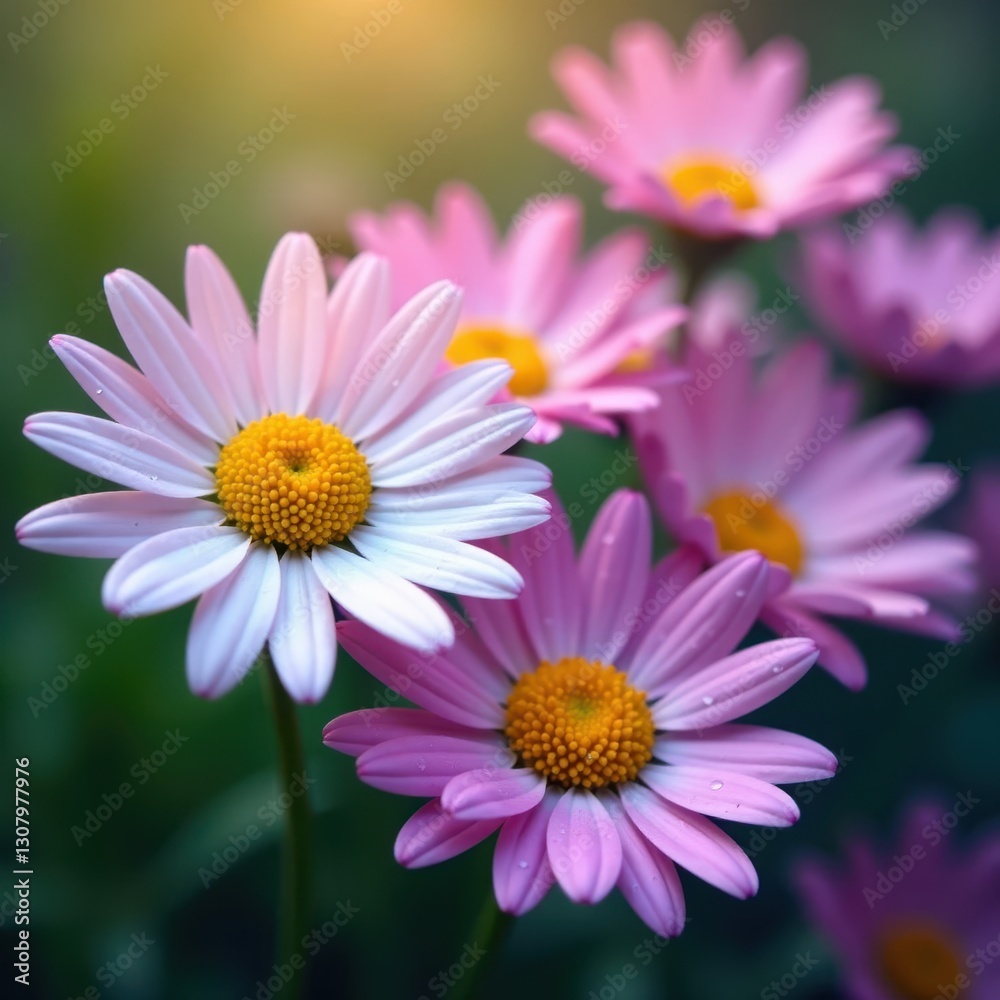 Vibrant daisies, dew-kissed petals, spring bloom , purple, detail, garden Vibrant daisies, dew-kissed petals, spring bloom , purple, detail, garden