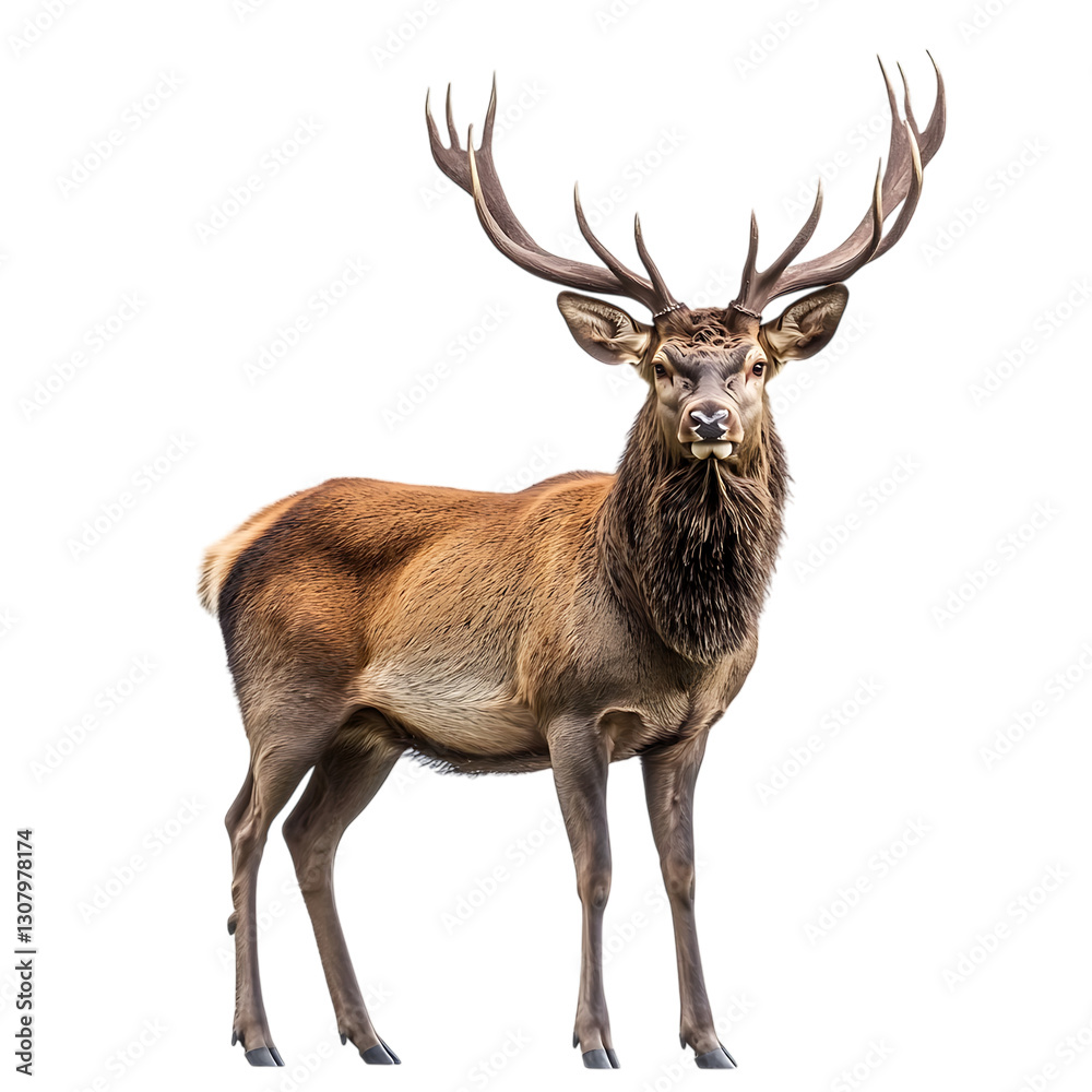 A majestic red deer with large antlers, isolated on a white background. A majestic red deer with large antlers, isolated on a white background.