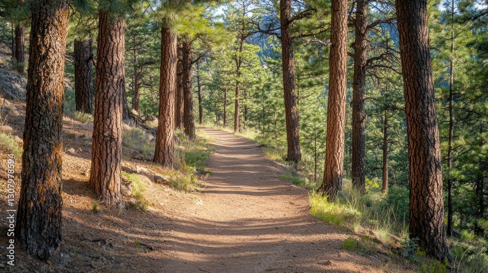 Fototapeta premium Sunlit path winding through a pine forest.