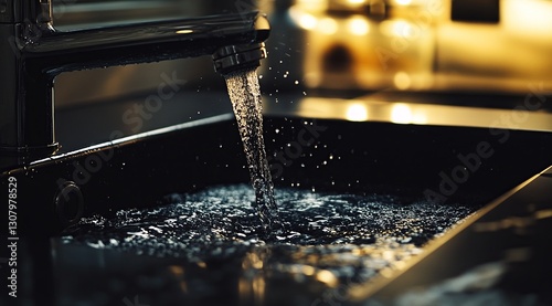 Water Flowing into a Sleek Black Sink with Chrome Faucet