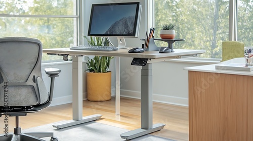 Health conscious workspace with a height adjustable standing desk a vertical ergonomic mouse and an ergonomic office chair with lumbar support