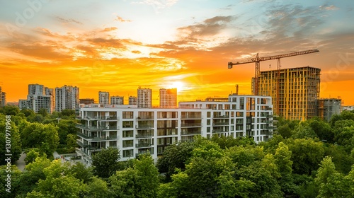 Modern apartment complex under construction, sunset over city, aerial view photo