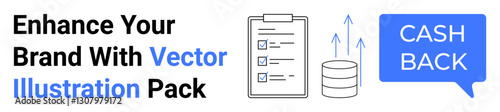 Clipboard checklist, coin stacks, upward arrows, cashback word bubble. Ideal for marketing, finance, productivity, branding, promotions customer reward programs flat landing page banner