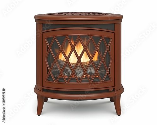 3D Render of a Brown Freestanding Fireplace with Diamond Patterned Glass