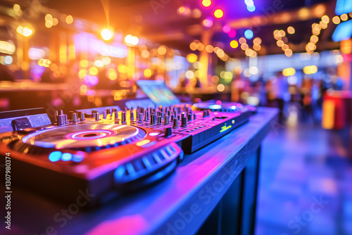 High-Energy DJ Setup in Nightclub with Colorful Lights and Party Atmosphere