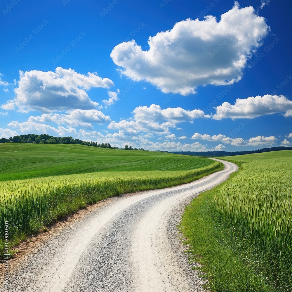 Winding Country Road Through Green Fields Under Blue Sky Winding Country Road Through Green Fields Under Blue Sky