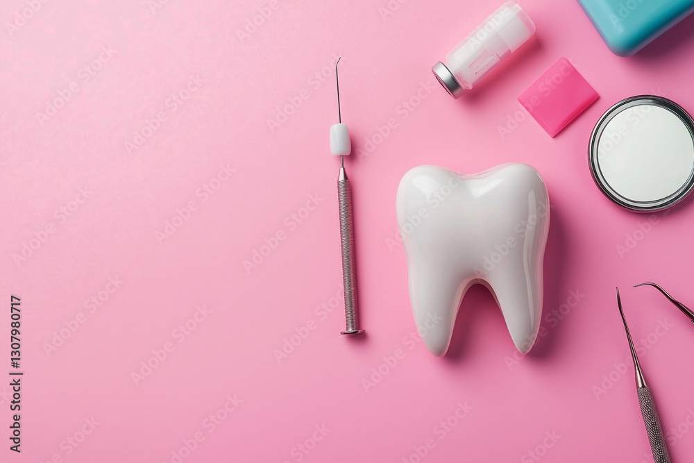 Dental Instruments and Tools on a Pastel Pink Background for Oral Health and Care Dental Instruments and Tools on a Pastel Pink Background for Oral Health and Care