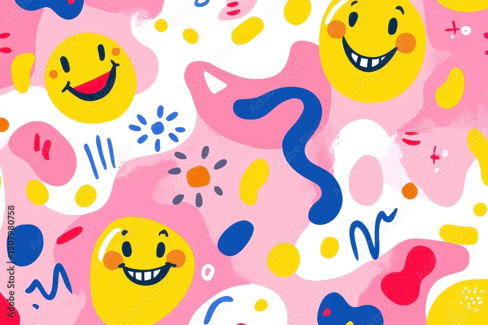 Colorful abstract pattern featuring smiling faces and playful shapes on a vibrant background Colorful abstract pattern featuring smiling faces and playful shapes on a vibrant background