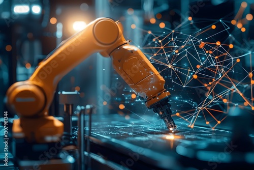 Advanced Robotic Arm in Smart Factory Industry 4 0 Automation Technology Network Connection