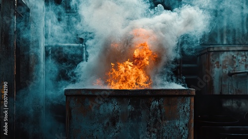 Intense Inferno, Industrial waste barrel engulfing fiery blaze and thick smoke