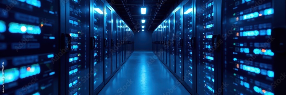Fototapeta premium Blue-lit server racks in a darkened data center hallway, server room lighting, clean