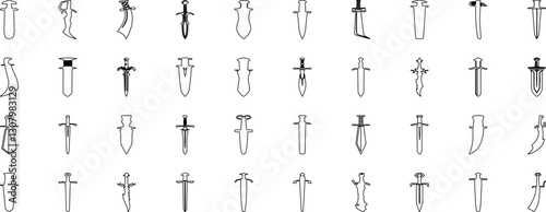 Sword silhouette collection, swords vector illustration. Medieval sword, dagger, cross guard. Black weapon designs, different shapes and styles isolated on white background