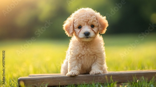 Adorable Mini Poodle Puppy on Grass Plank