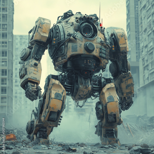 A futuristic military mech with a pilot standing in a war-torn urban environment, battle damage visible on its armored plating photo