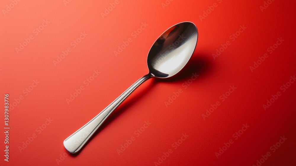 Single metal spoon on a bold red background Single metal spoon on a bold red background