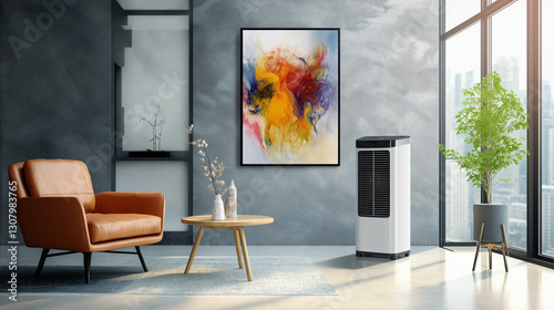 Contemporary portable air cooler positioned beside abstract art, merging technology with creative urban design aesthetics