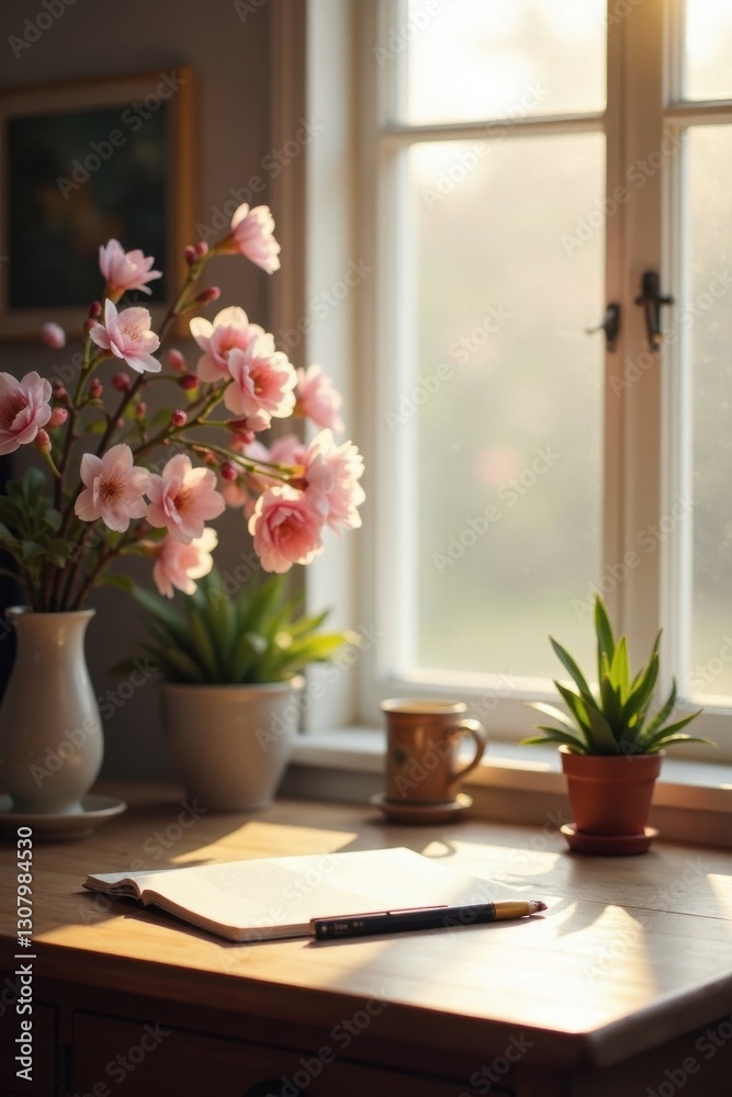 Empty desk, spring blossoms, sunlight streams , blossoms, airy, wood Empty desk, spring blossoms, sunlight streams , blossoms, airy, wood