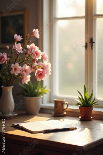 Empty desk, spring blossoms, sunlight streams , blossoms, airy, wood