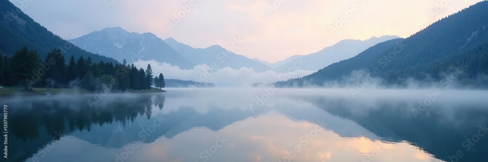 Foggy lake scene with reflection of surrounding mountains, Idaho, lake, serenity Foggy lake scene with reflection of surrounding mountains, Idaho, lake, serenity