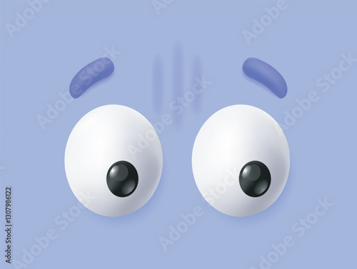 3D eyes. Funny cartoon icon or emoticon with eyeballs with pupils and eyebrows expressing emotion of surprise. Funny eyesight pair. Realistic vector illustration in plasticine style