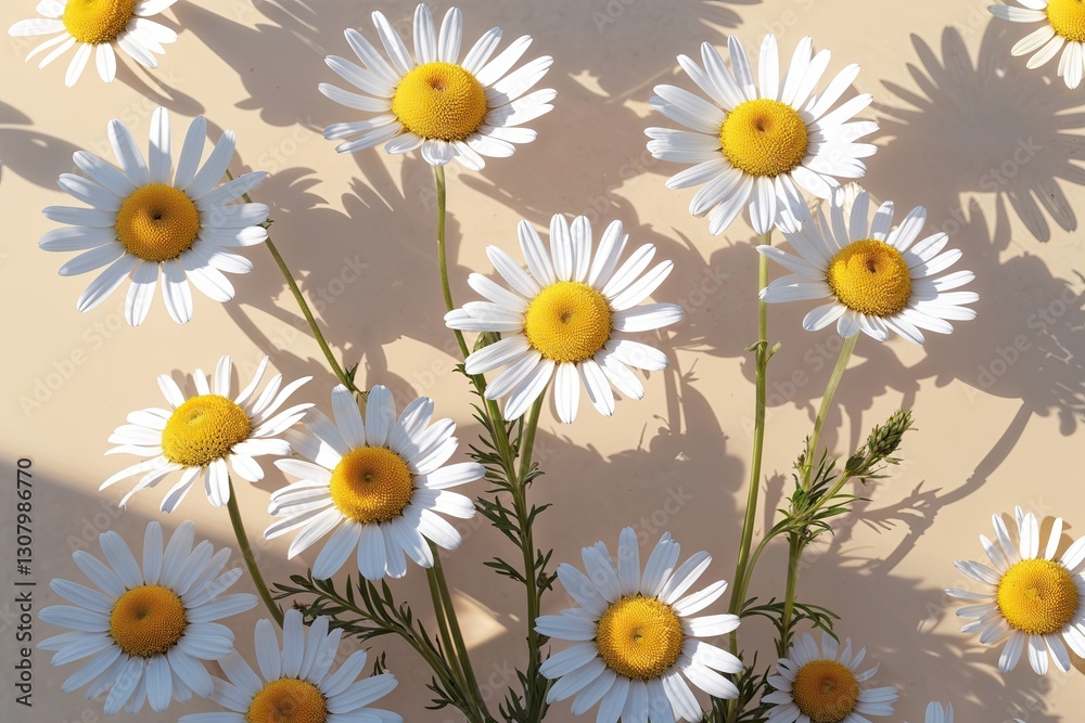Bright Chamomile Daisy Motif with Sunlight Shadows on a Light Beige Background Bright Chamomile Daisy Motif with Sunlight Shadows on a Light Beige Background