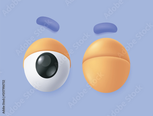 3D eyes. Cartoon icon or comic emoji with winking eyeballs with eyelids and eyebrows. Funny eyesight pair. Eyes expressing positive emotions. Realistic vector illustration in plasticine style