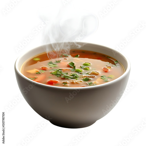 A steaming bowl of soup isolated on white