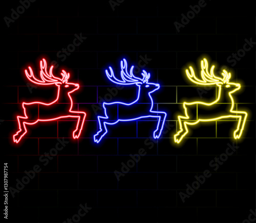 Christmas reindeer, neon set of glowing jumping deer and antlers, vector illustration.