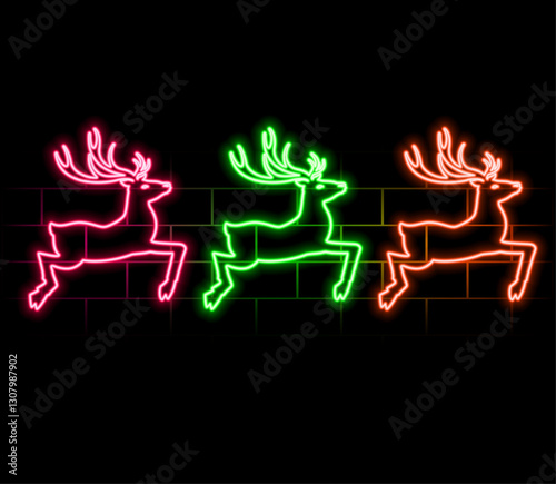 Christmas reindeer, neon set of glowing jumping deer and antlers, vector illustration..pink
