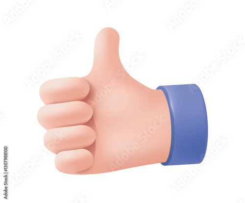 3d hand icon. Cartoon arm showing thumbs up as symbol of approval and appreciation. Funny emoji with palm showing gesture or expressing emotion. Realistic vector illustration in plasticine style