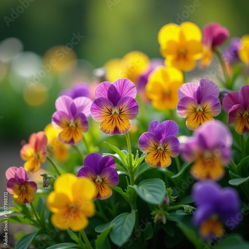 Vibrant pansies blooming in a lush spring garden, pansies, bloom, colorful