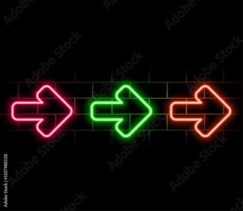 Neon right arrows colourful vector icons set. Realistic glowing pointers on transparent background. Location indicator for casino, bar, cinema, nightclub and motel, isolated symbol pack..pink