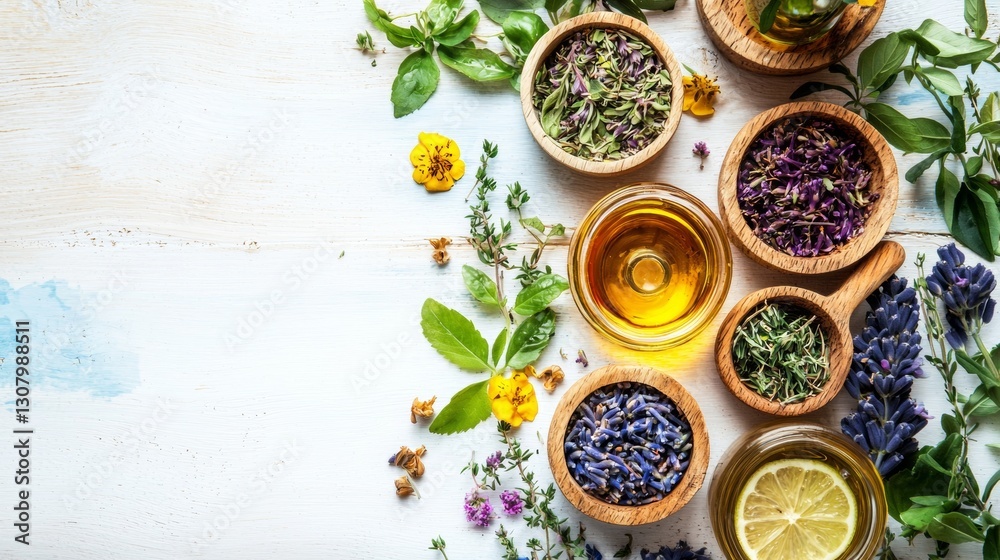 Assorted herbal teas and dried flowers in a natural setting Assorted herbal teas and dried flowers in a natural setting
