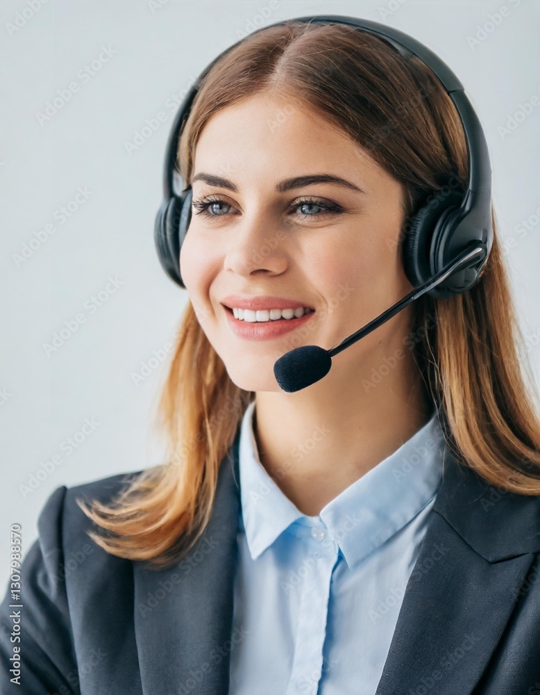 Smiling Woman with Headphones and Mic for Call Center Jobs Isolated on a White Background Smiling Woman with Headphones and Mic for Call Center Jobs Isolated on a White Background