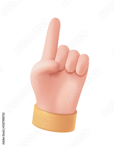 3d hand icon. Cartoon arm showing finger up or pointing at something. Funny emoji with palm showing gesture or expressing emotion. Realistic vector illustration in plasticine style