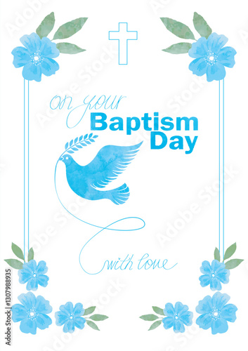 Baptism day greeting card. Poster with peaceful dove and blooming flowers. Design element for celebrating traditional religious or Christian holiday. Watercolor vector illustration
